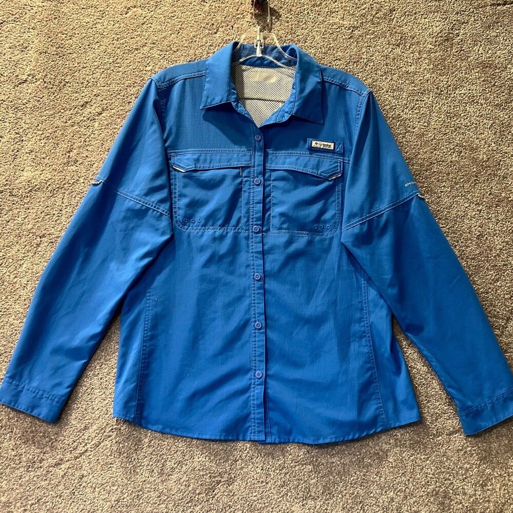 Columbia PFG Mens Blue Long Sleeve Fishing Shirt Omni-Shade Ripstop Large